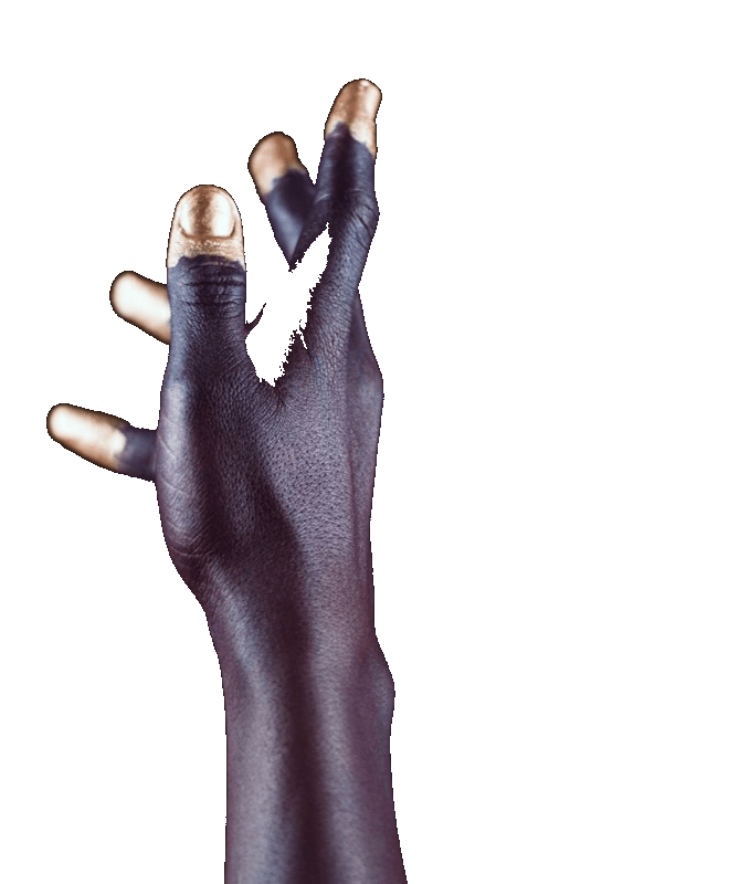 outstretched black hand with gold tipped finger