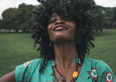 exuberant black woman with gorgeous hair